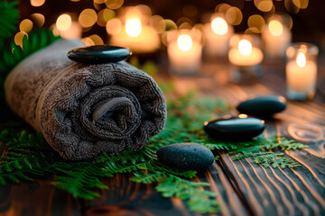 Towel on fern with candles and black hot stone on wooden background. Spa relax concept