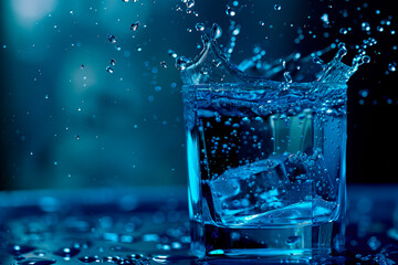 Water splash in glass om blue background