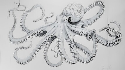 Obraz premium ocean, octopus, animal, vector, sea, graphic, outline, underwater, drawing, vignetting, art, illustration, isolated, white, black, design, line, tentacle, marin, aquatic, children, doodle, wildlife, c