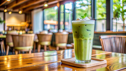 Iced matcha placed on a wooden table in a restaurant