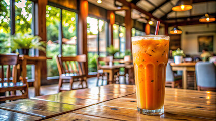 Iced Thai tea placed on a wooden table in a restaurant