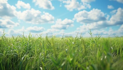 Fototapeta premium Summer field with tall grasses with flower. Open field with wild flower and butterfly. Sunny day wide blue sky