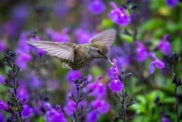 Amazing closeup photo of an Anna's hummingbird drinking from purple salvia flowers, frozen in action