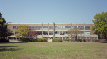 Obraz premium Modern University Building with Green Campus Lawn