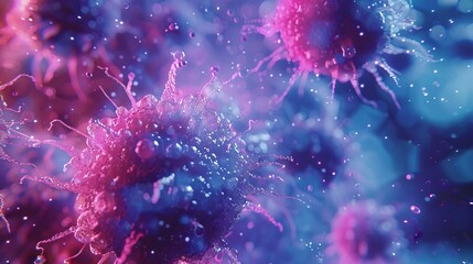 A detailed view of intestinal cancer cells under a microscope, set against a soothing vaporwave backdrop to enhance educational and diagnostic visuals