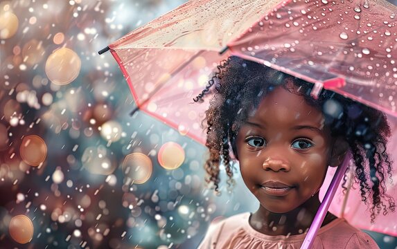 Cute little black girl in the rain with pink umbrella front view