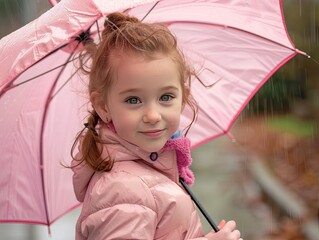 Cute little girl in the rain with pink umbrella front view