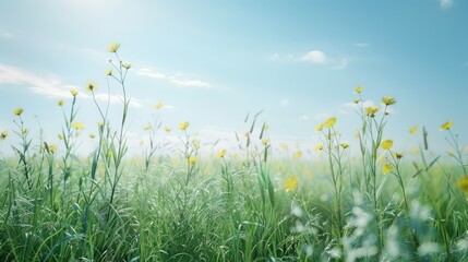 Summer field with tall grasses with flower. Open field with wild flower and butterfly. Sunny day wide blue sky