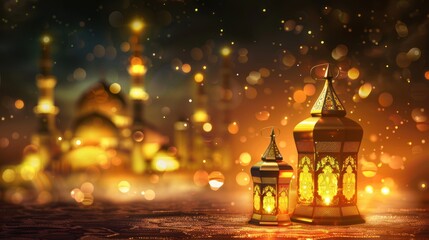 Obraz premium Yellow Arabic lantern, islamic background, Ramadan kareem