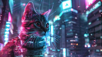 Silhouette of a cat with a cyberpunk cityscape penetrates its body.