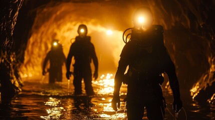 Fototapeta premium Clad in protective gear a team of explorers brave a treacherous underground lake in search of the elusive dark photon.