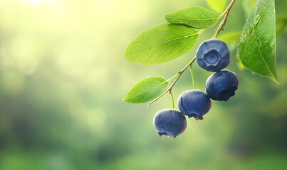 Fresh ripe blueberries on a branch against the backdrop of an orchard. Copy space