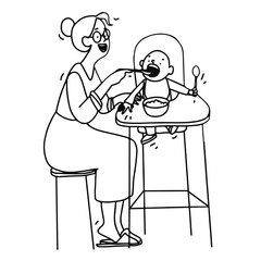 Babysitter feeds the baby . Vector illustration