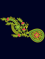 A beautiful embroidery motif illustration for apparel on black.