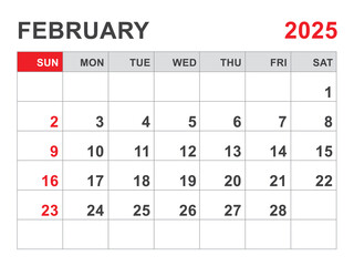 Calendar 2025 template, February 2025 layout, Printable minimalist monthly planner, Desk Calendar 2025 template, Wall calendar design, Week Start On Sunday, Stationery, printing, red color, vector