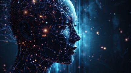 Abstract mash line and point human Brain. Low poly Neural network. IQ testing, artificial intelligence virtual emulation science technology concept.