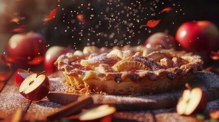 Eye-level angle, photorealistic shot of a delectable cinnamon-sprinkled apple pie, poignantly captures the joy of indulgence without a sugar spike, vibrant and enticing detail