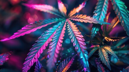 abstract colorful cannabis leaves, holographic colors, high resolution, professional photograph,