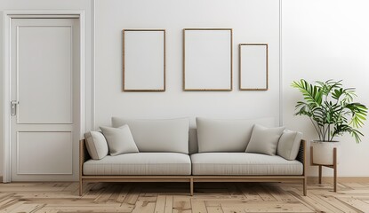 A beige sofa in a minimalistic interior with three blank picture frames on a white wall mockup ai generative
