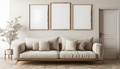 A beige sofa in a minimalistic interior with three blank picture frames on a white wall mockup ai generative
