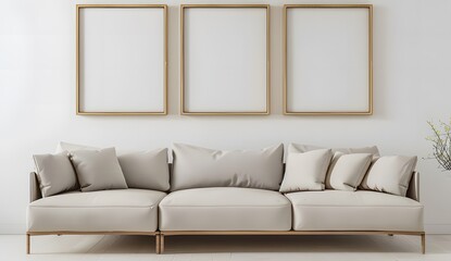 A beige sofa in a minimalistic interior with three blank picture frames on a white wall mockup ai generative