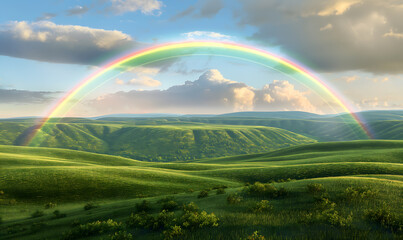 Serene Rainbow Over Rolling Green Hills Under a Cloudy Sky