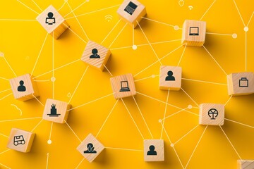 Wooden Cubes with Laptop Icons on Yellow Background