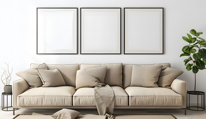 A beige sofa in a minimalistic interior with three blank picture frames on a white wall mockup ai generative