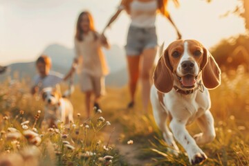 Happy family strolls through a clearing on a sunny day outdoors with a joyful beagle dog