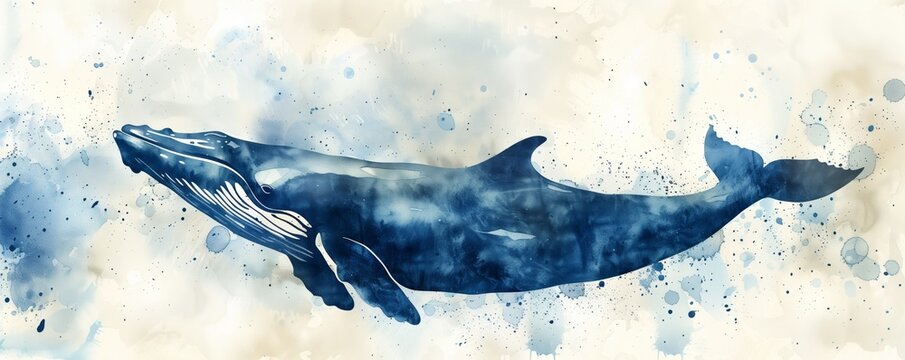 Blue whale hovering in the air with a background silhouette of a swa