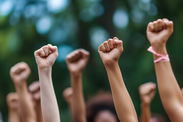 Solidarity Shown Through Raised Fists in a Diverse Crowd