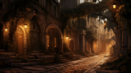 A mystical old street illuminated by lanterns at dusk, with ivy-draped buildings creating an enchanting atmosphere.