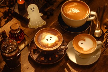 Spooky Halloween Coffee Night with Ghost and Bat Latte Art Designs for Cafés and Posters