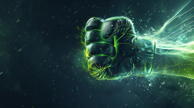 Futuristic Neon Green Boxing Glove Emitting Light Rays - Abstract Background Design for Print, Card, Poster