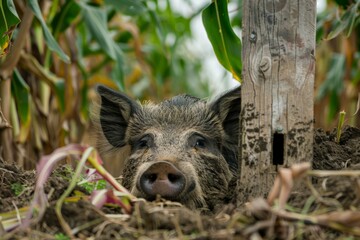 Wild boar peeking from the soil