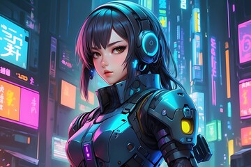 Beautiful cyberpunk anime girl character wearing tech armor