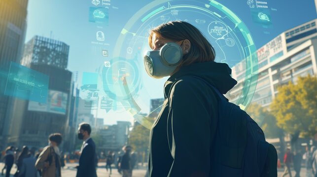 Urban Air Quality Awareness: Person in Mask with Futuristic Data Visualization