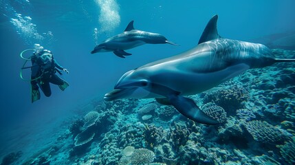 Fototapeta premium Two dolphins gracefully swim above a vibrant coral reef