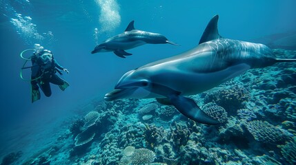 Two dolphins gracefully swim above a vibrant coral reef