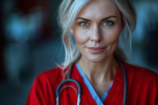 A mature medical professional demonstrates intent focus, suggesting experience and competence in her field