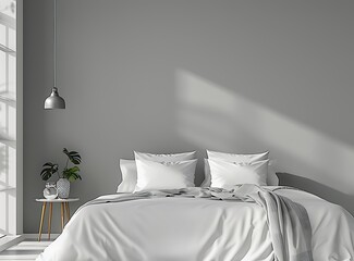 Modern gray bed with white linen in a bedroom interior