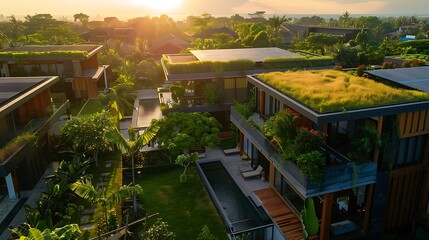 Green living, Lush green roofs and solar panels on the houses, showcasing sustainability. The setting sun casts long shadows across the lawns