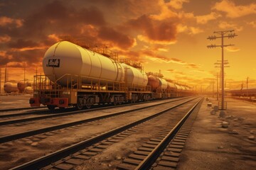 Dramatic golden sunset lighting up a railway line with rows of industrial tanker cars