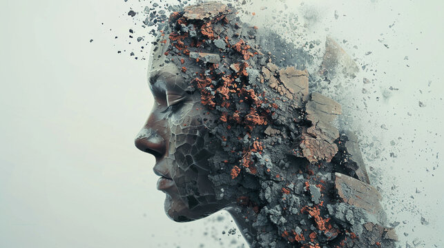 Artistic image of a fragmented face dissolving into pieces, representing abstract concepts of disintegration and transformation.