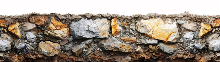 Close-up view of a cross-section of soil and rock layers, showcasing different textures, colors, and compositions in a natural geological formation.