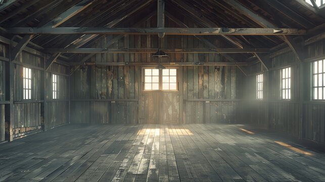 An old wooden barn with sunlight shining through the windows.