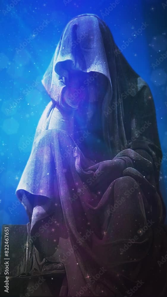 Wall mural vertical weeping robed figure in particle atmosphere 4k features a blue particle and smoke filled at