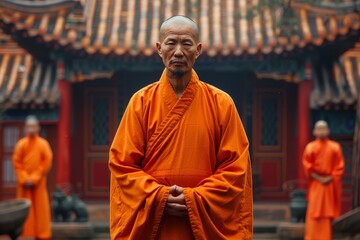 A monk in traditional orange robes standing serenely with temple structures behind