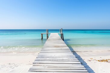 Wooden Pier on White Sand Beach with Turquoise Sea in Summer
