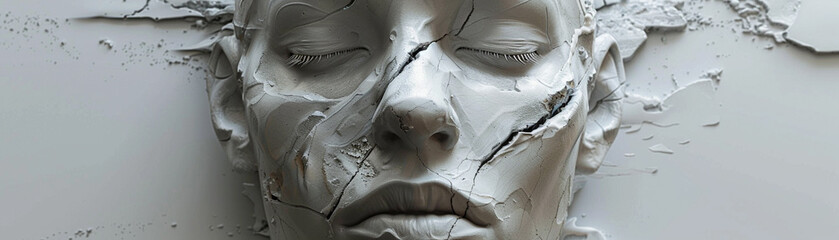 A serene, cracked white mask of a human face emerging from the wall, symbolizing fragility and transformation in art and sculpture.